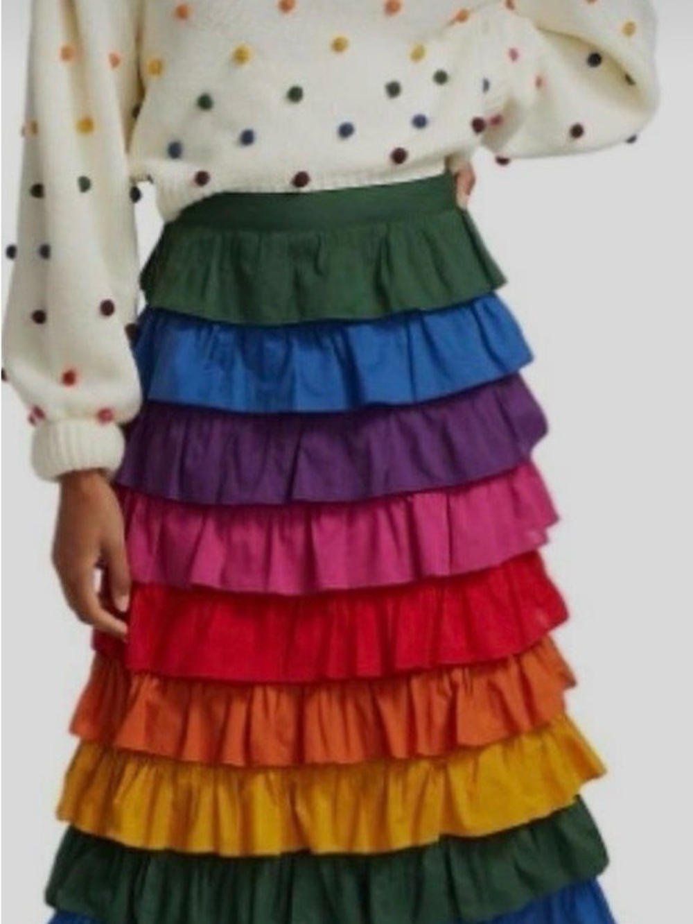 Farm Rio Rainbow Tiered Ruffle Midi Skirt - Multicolor NWOT